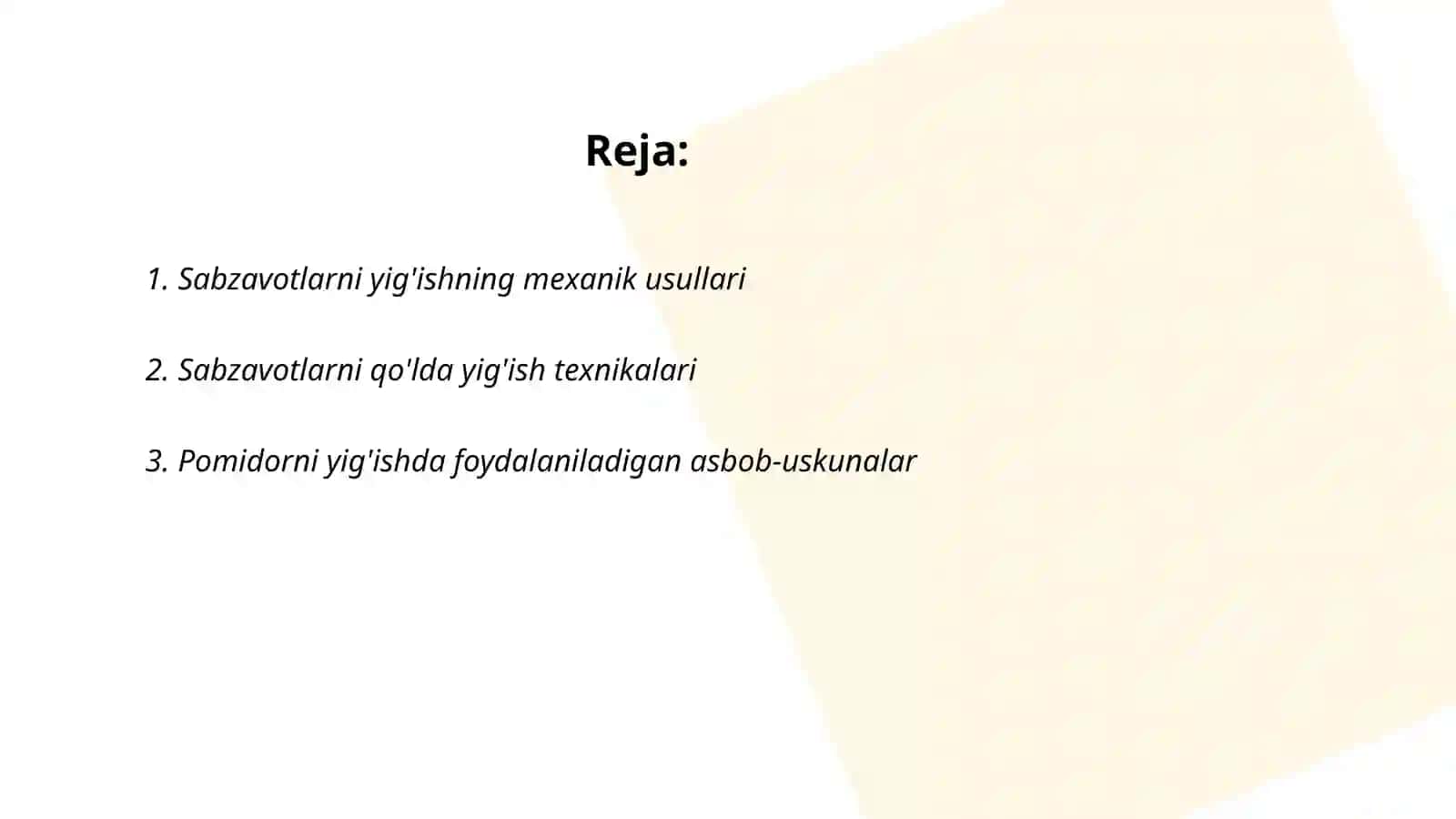 Sabzavotlarni yeģish usullari. Pomidor hosilini yeģish usullari. Kombayn tuzilishi va ishlash jarayoni 2