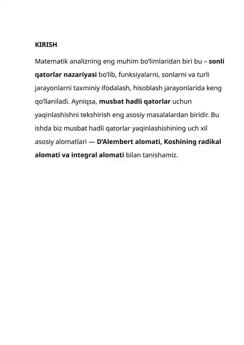 Musbat hadli sonli qatorlar yaqinlashishining yetarli shartlari 2