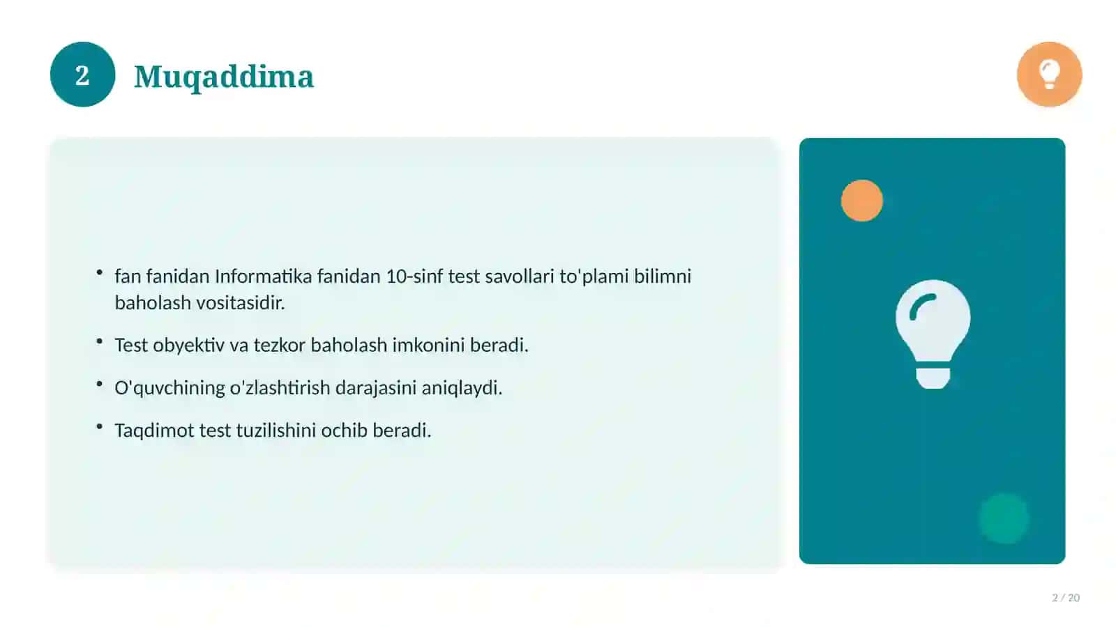 Informatika fanidan 10-sinf test savollari to'plami 2