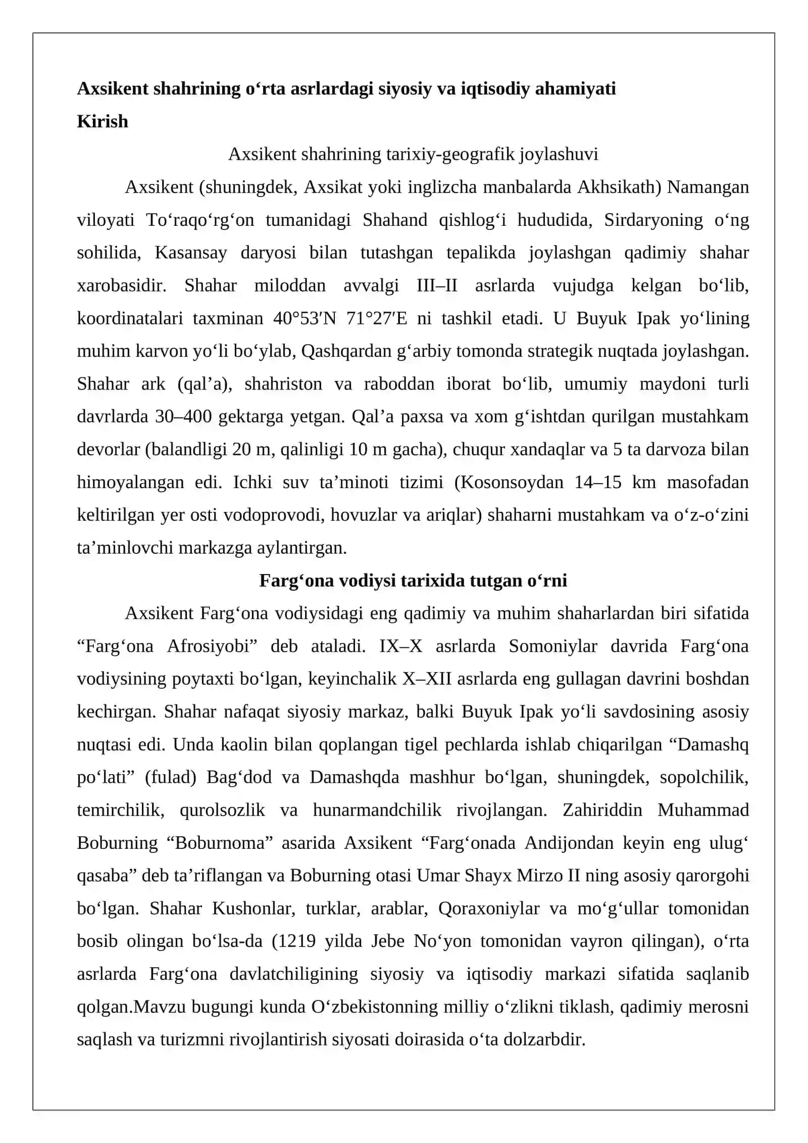 Axsikent shahrining o‘rta asrlardagi siyosiy va iqtisodiy ahamiyati 2