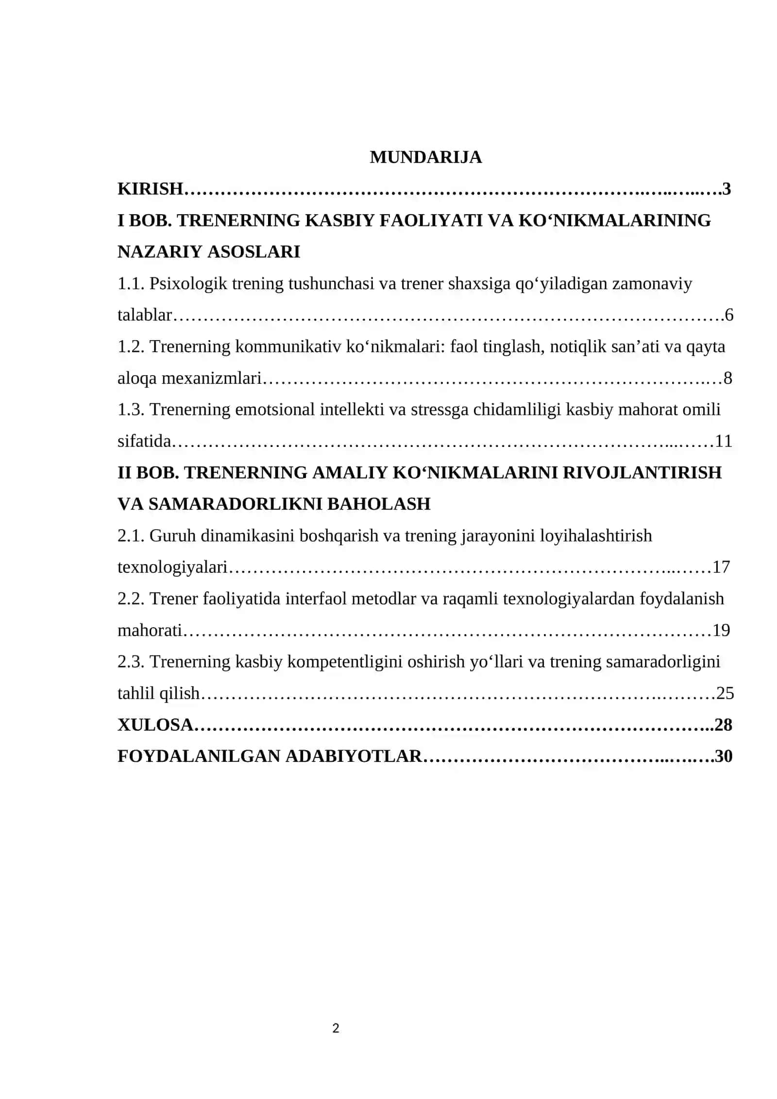 Trenerning kasbiy konikmalari.  KURS ISHI 2