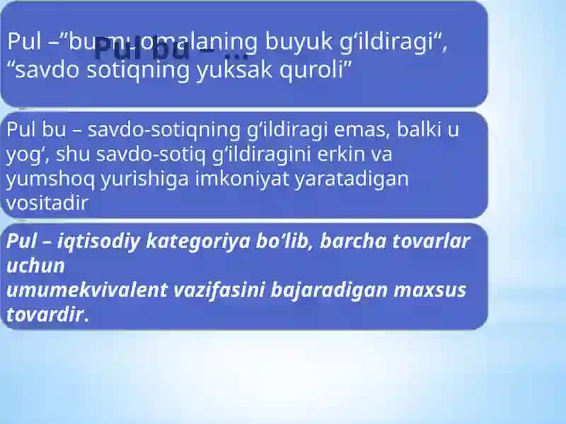 Pulning paydo bo‘lishi, zarurligi va funksiyalari.Pulnazariyalari 2