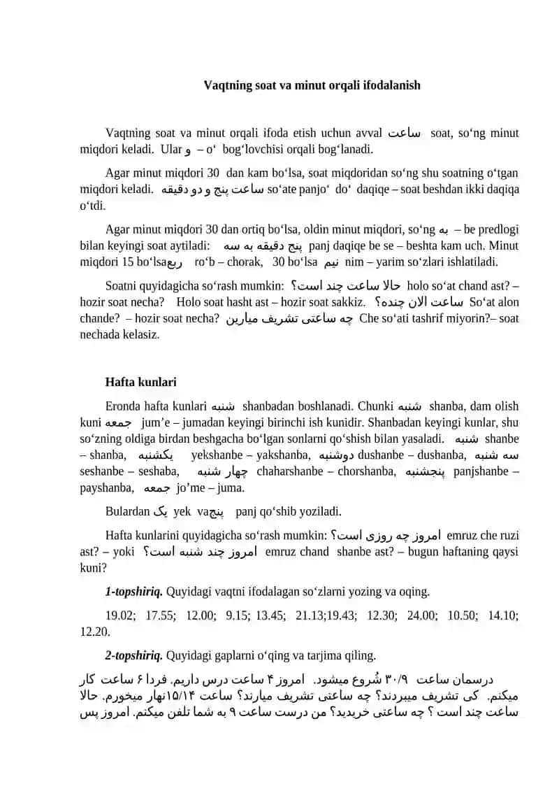 FORS TILIDA VAQTNING IFODALANISHI VA HAFTA KUNLARI 2
