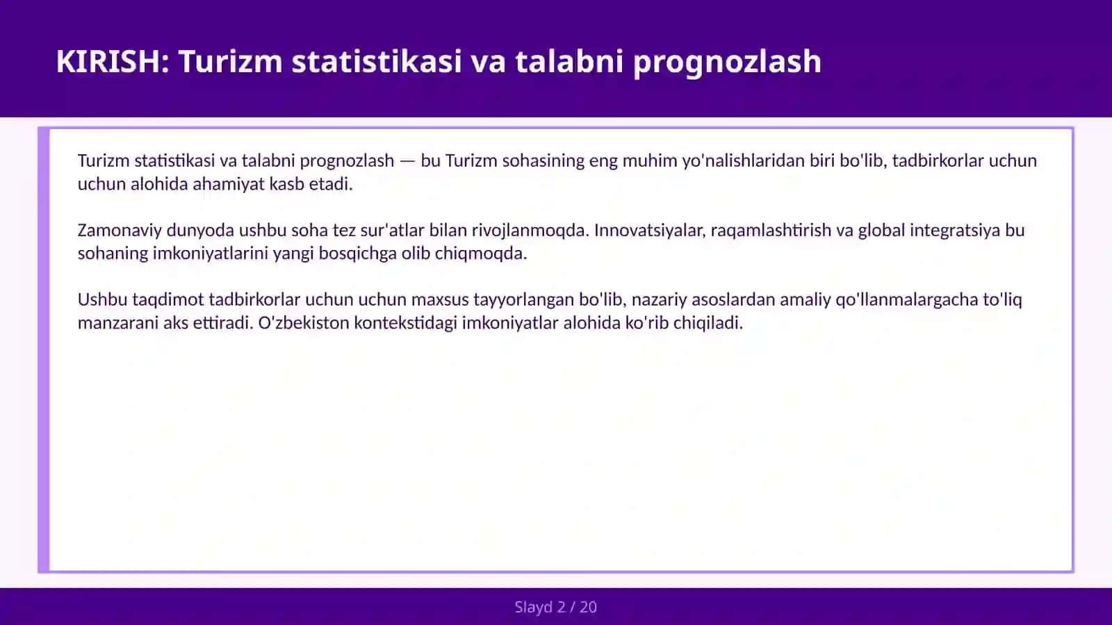 TURIZM STATISTIKASI VA TALABNI PROGNOZLASH 2