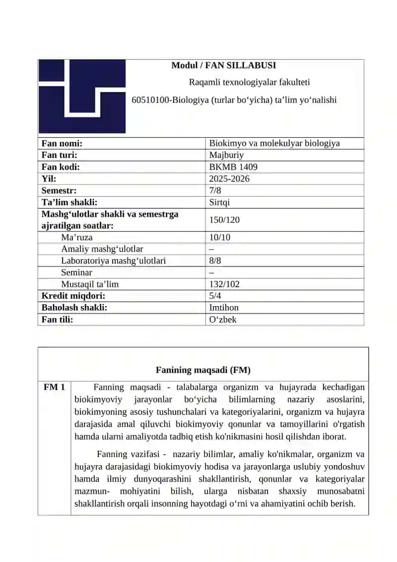 BIOKIMYO VA MOLEKULYAR BIOLOGIYA 1,2 2