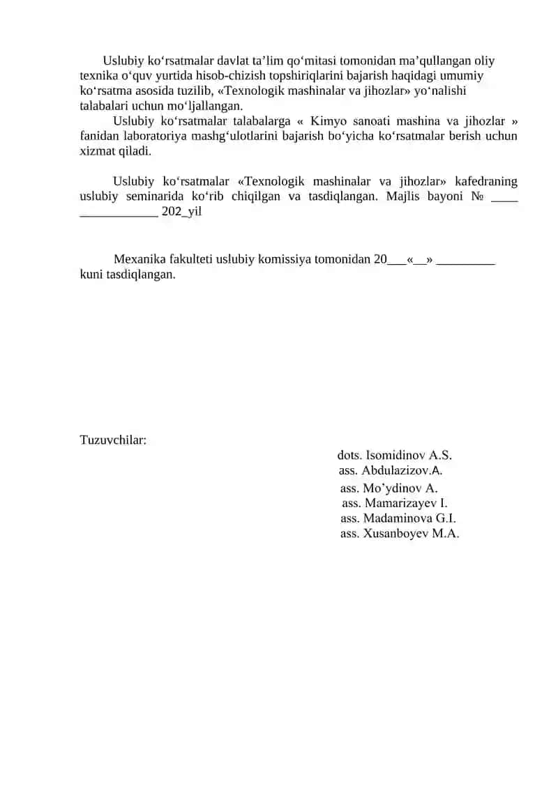 "Kimyo sanoati mashina va jihozlar" laboratoriya ishlari 2