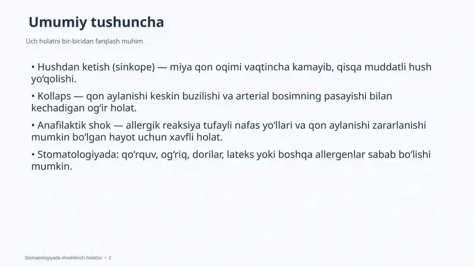 Hushdan ketish. Kollaps. Anafilaktik shok 2