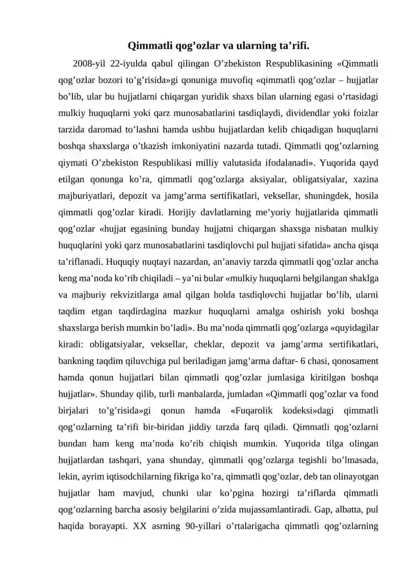 Qimmatli qog'ozlarining mohiyati va shakllari 2