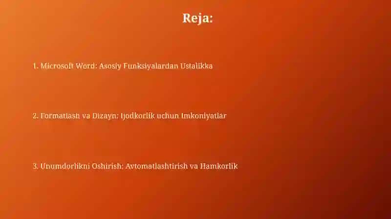 Microsoft Word: Asosiy Funksiyalardan Ustalikka 2