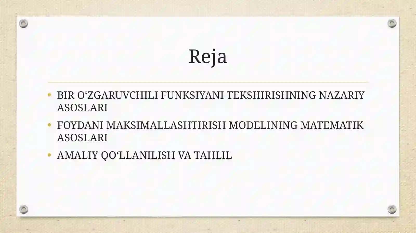 Bir o‘zgaruvchili funksiyani tekshirish. Foydani maksimallashtirish modeli. 2