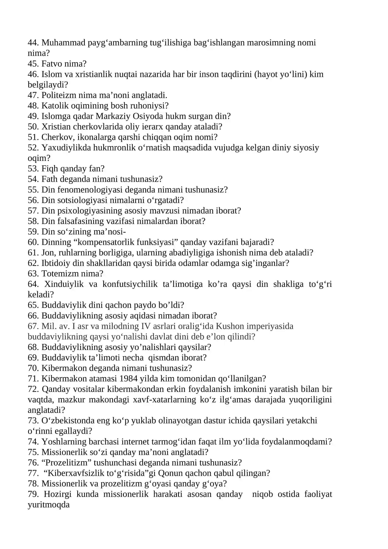 Dinshunoslik fanidan yakuniy nazorat uchun savollar 2
