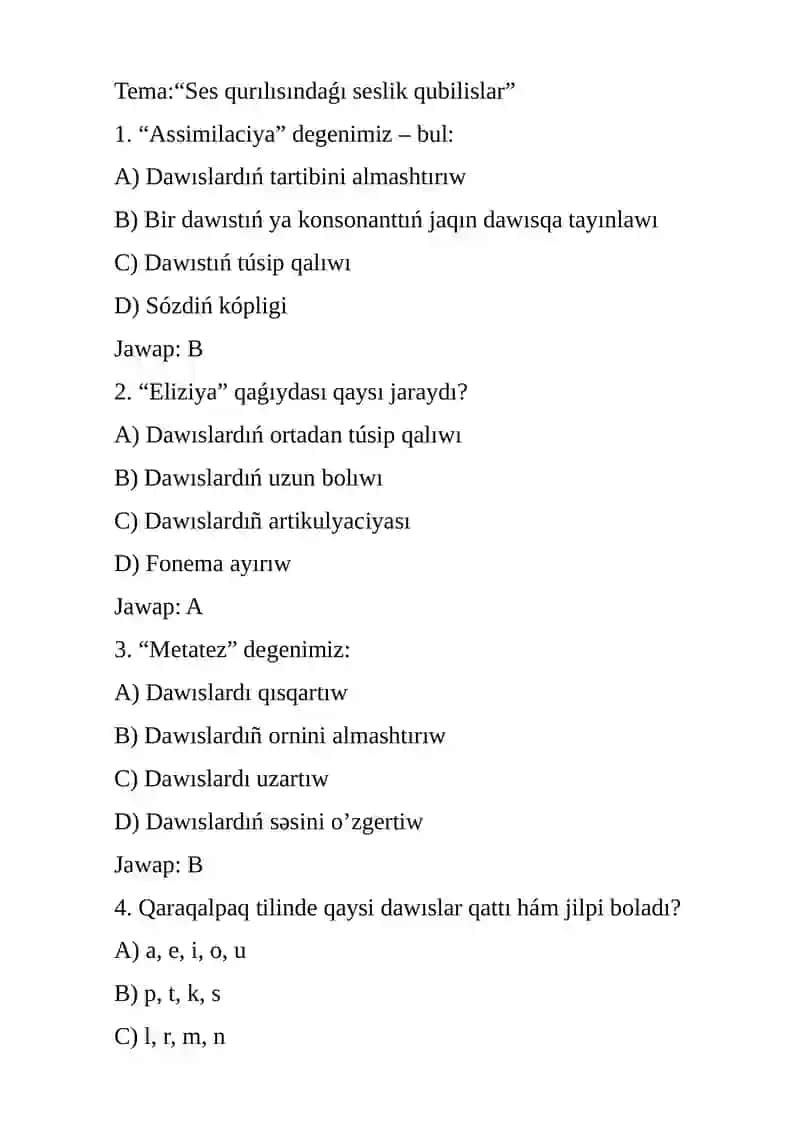 Seslerdiń fonetikaliq ózgerisleri temasında Qaraqalpaq tilinde 2