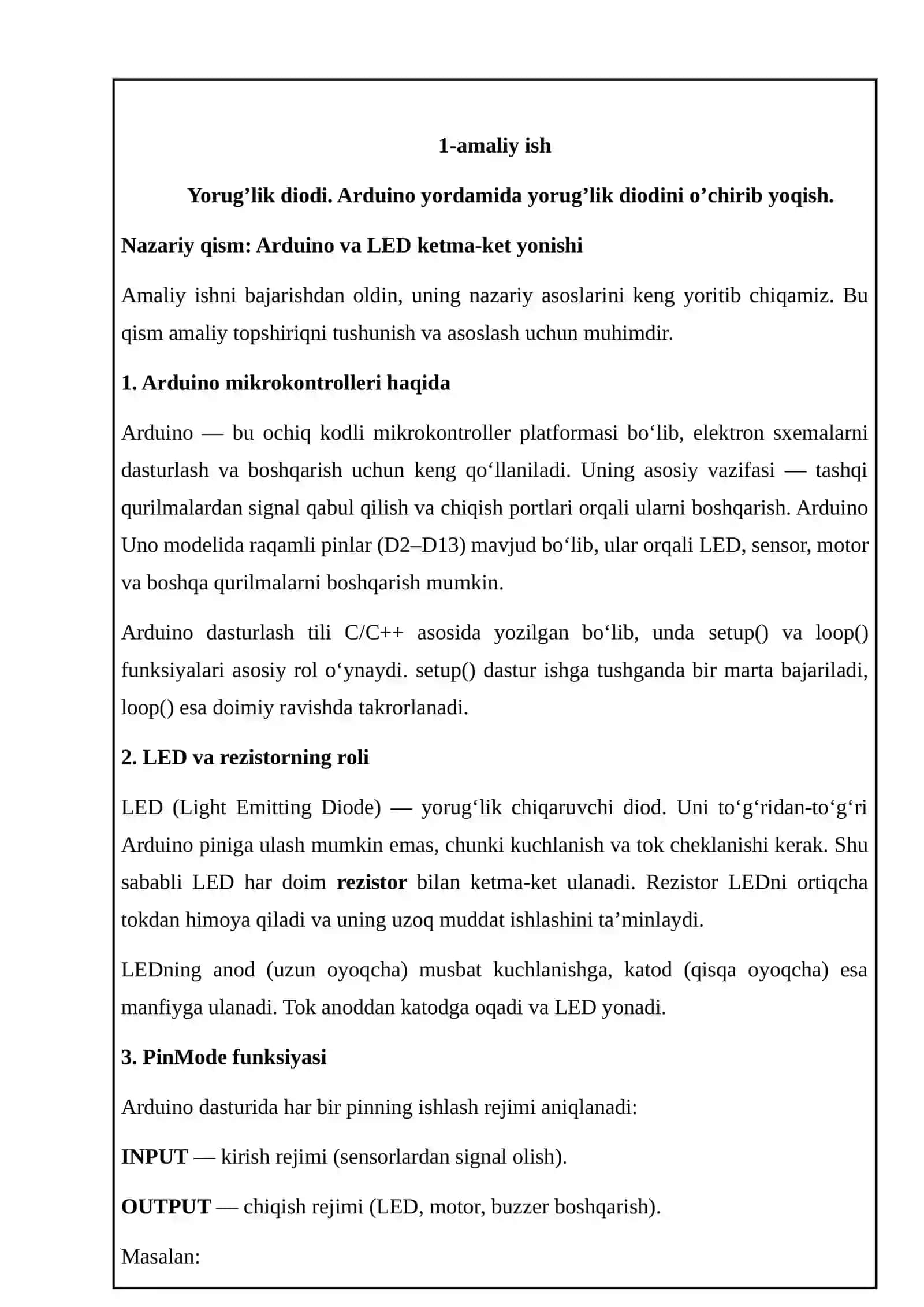 Yorug’lik diodi. Arduino yordamida yorug’lik diodini o’chirib yoqish 2