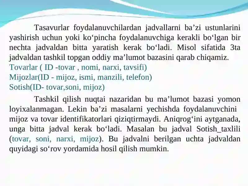 Tashkil qilish nuqtai nazaridan ma’lumot bazasini tarkibiga olish 2