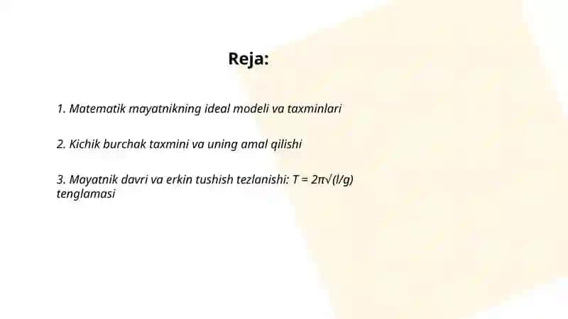 Matematik mayatnik yordamida erkin tushish tezlanishini aniqlash 2
