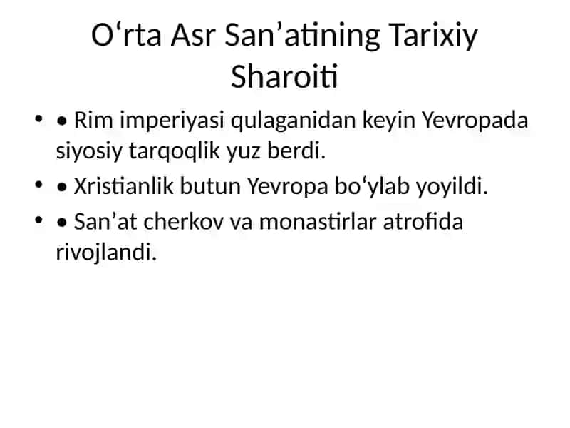 Gʻarbiy Yevropada Oʻrta Asr Sanʼati va Roman Tarixi 2