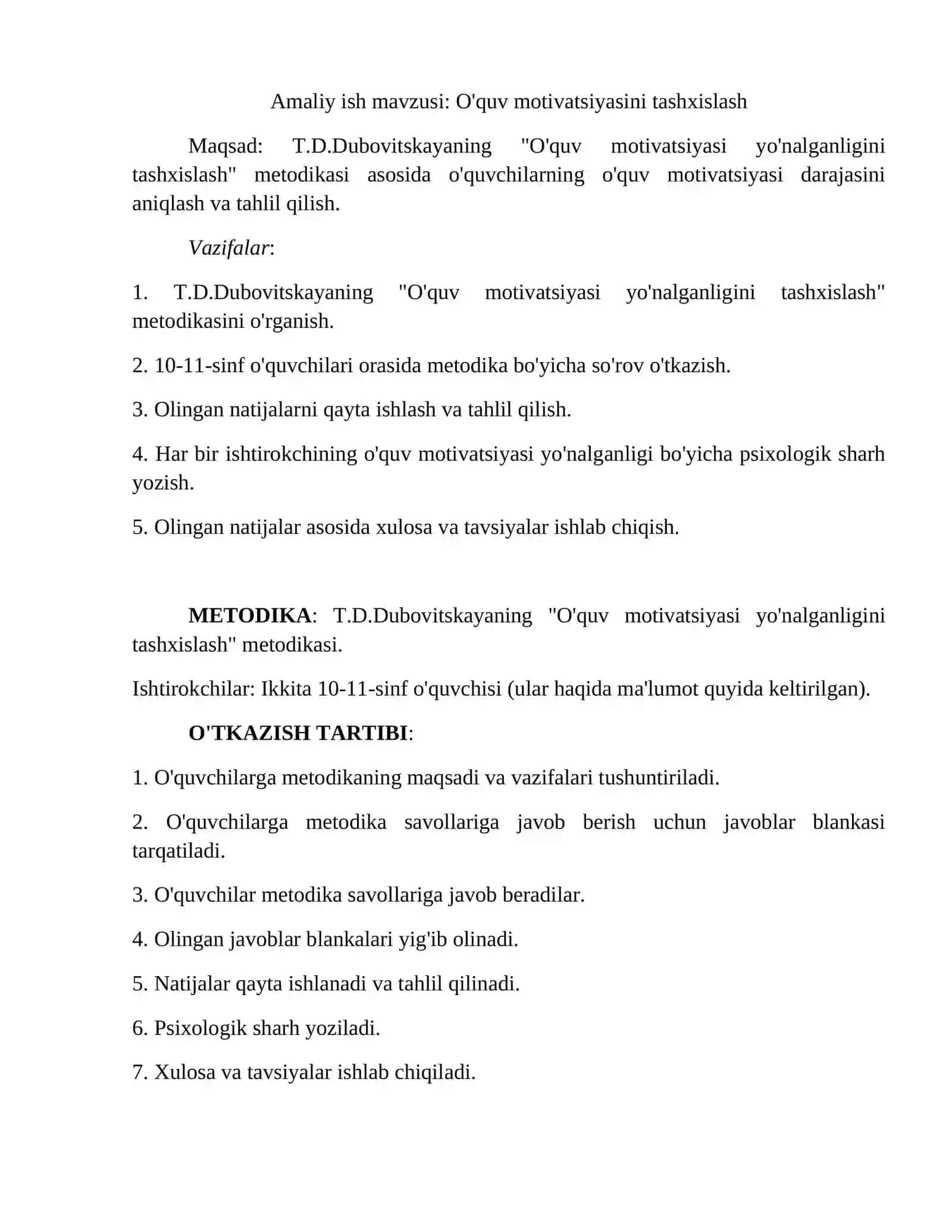 Amaliy ish mavzusi: O'quv motivatsiyasini tashxislash 2