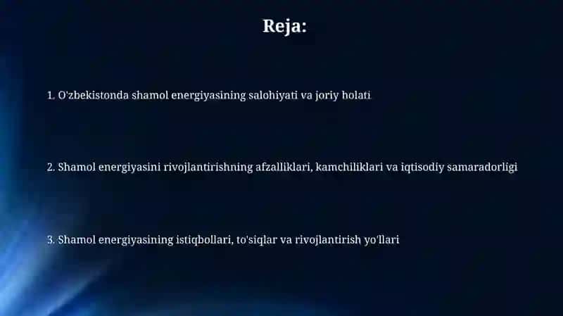 Shamolenergetikasining O'zbekistonenergotizimidagi ahamiyati 2