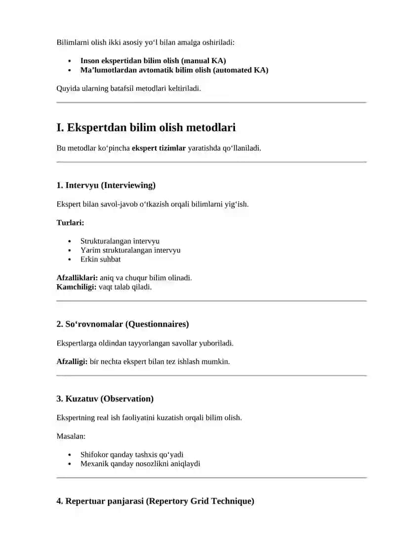 Bilimlarni olish (Knowledge Acquisition) metodlari 2