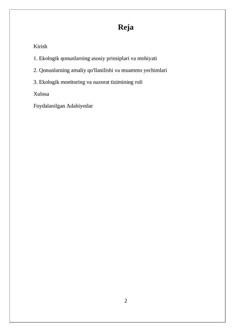 O'ZBEKISTON RESPUBLIKASIDA EKOLOGIYA VA ATROF-MUHIT MUHOFAZASI BO'YICHA QABUL QILINGAN QONUNLARNING MAZMUNI VA MOHIYATI 2
