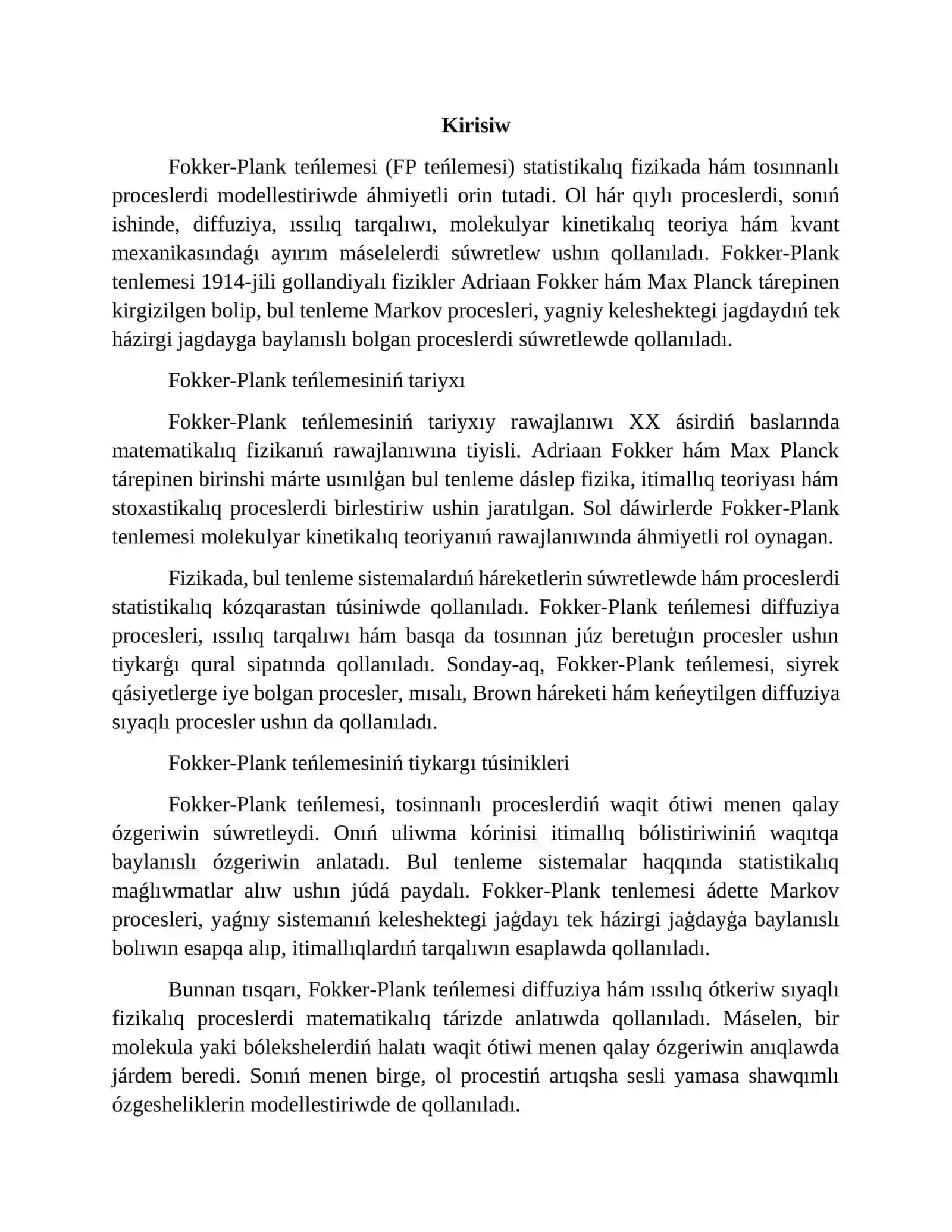 Fokker-Plank teńlemesi 2