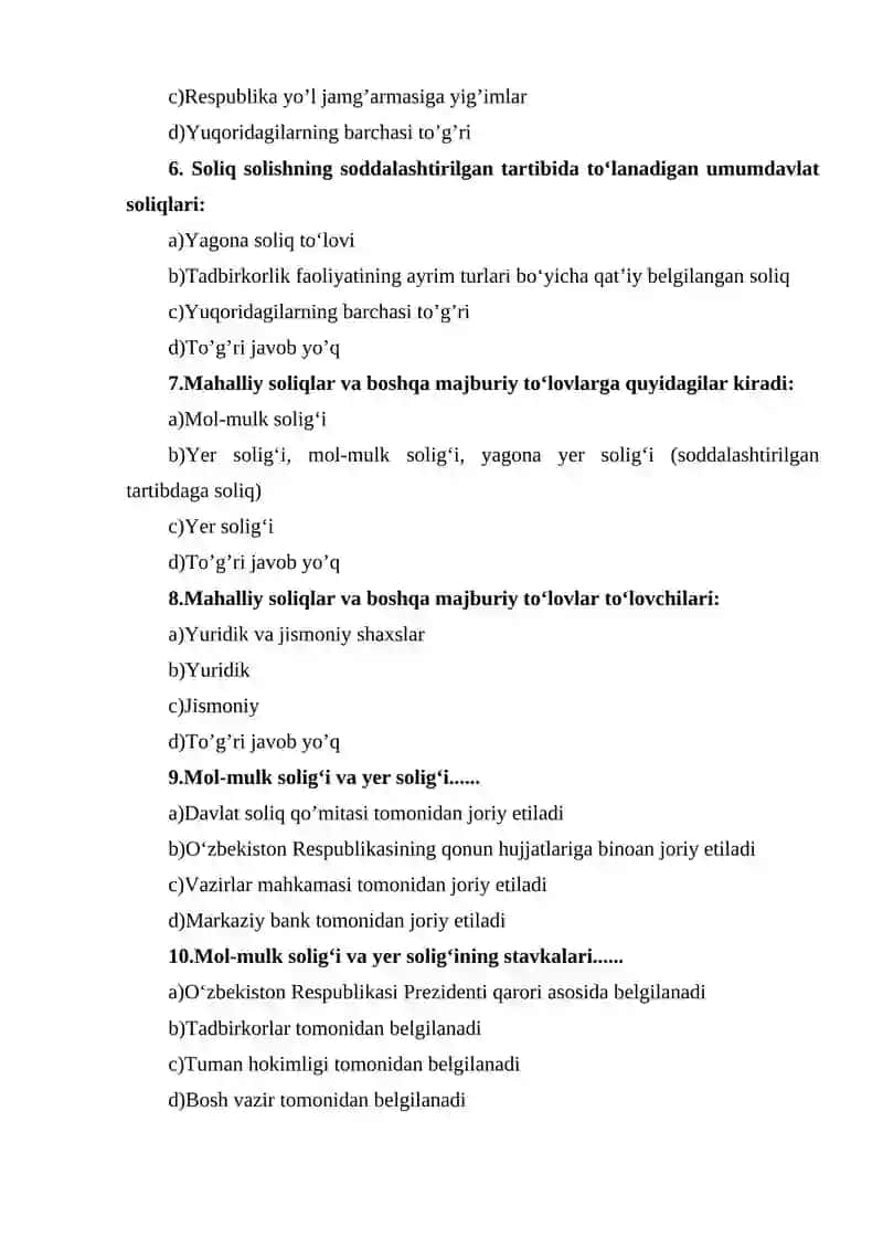 Soliq test 10 ta topshiriq uchun. 2