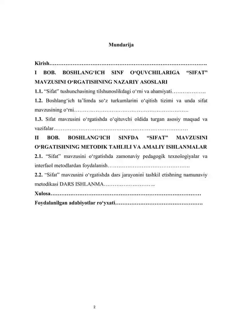 “Sifat” mavzusini o'rgatish metodikasi kurs ishi | BOSHLANG'ICH SINFLARDA “SIFAT” MAVZUSINI O'RGATISH METODIKASI  “Sifat” mavzusini o‘rgatish metodikasi 2