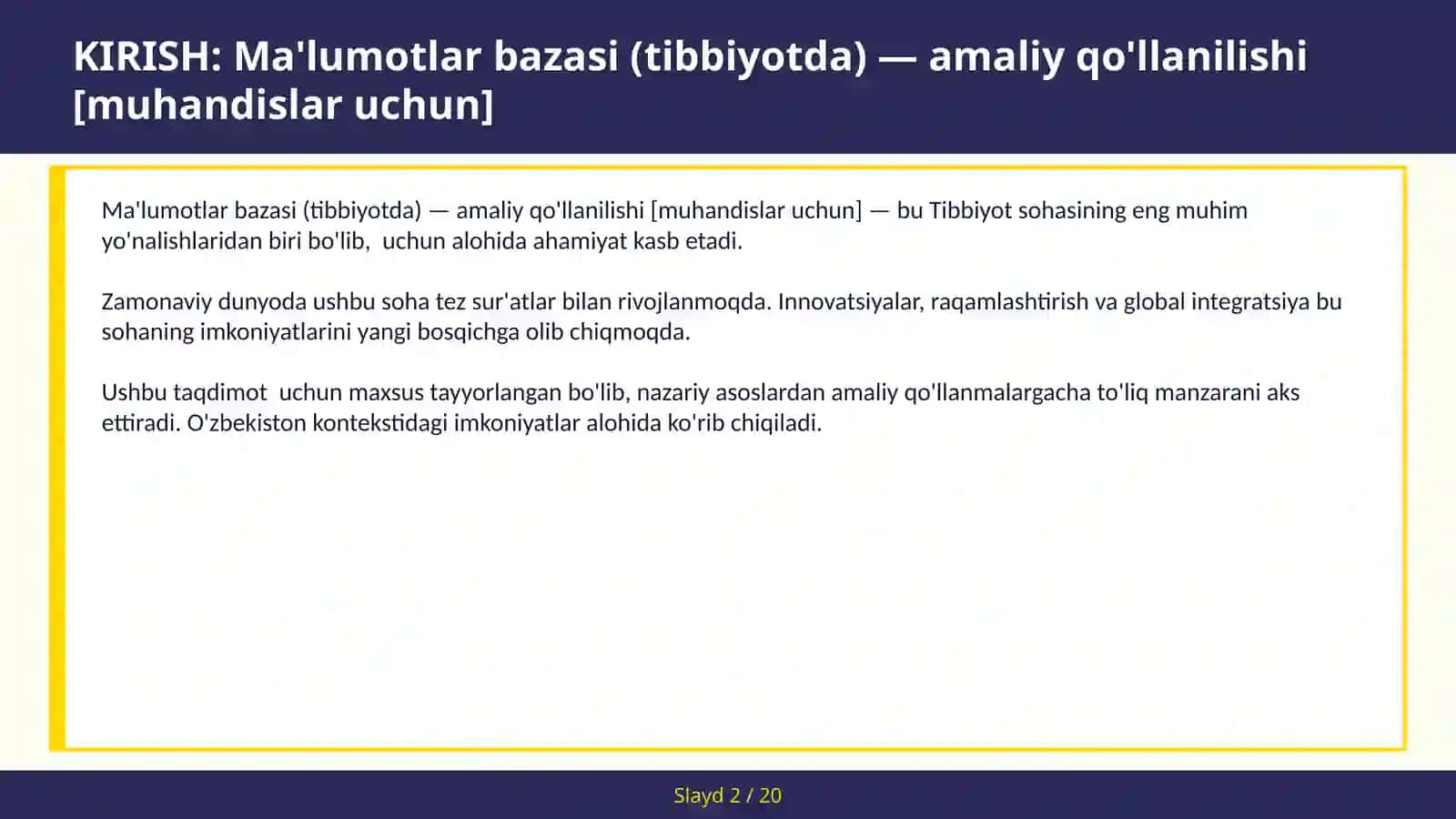 Ma'lumotlar Bazasi (Tibbiyotda) - Amaliy Qo'llanilishi [Muhandislar Uchun] 2