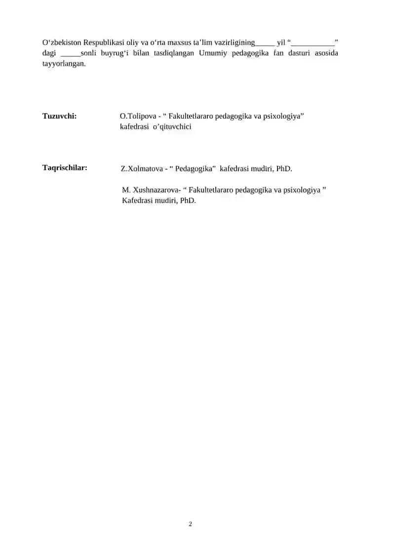 Umumiy pedagogika fan dasturi 2