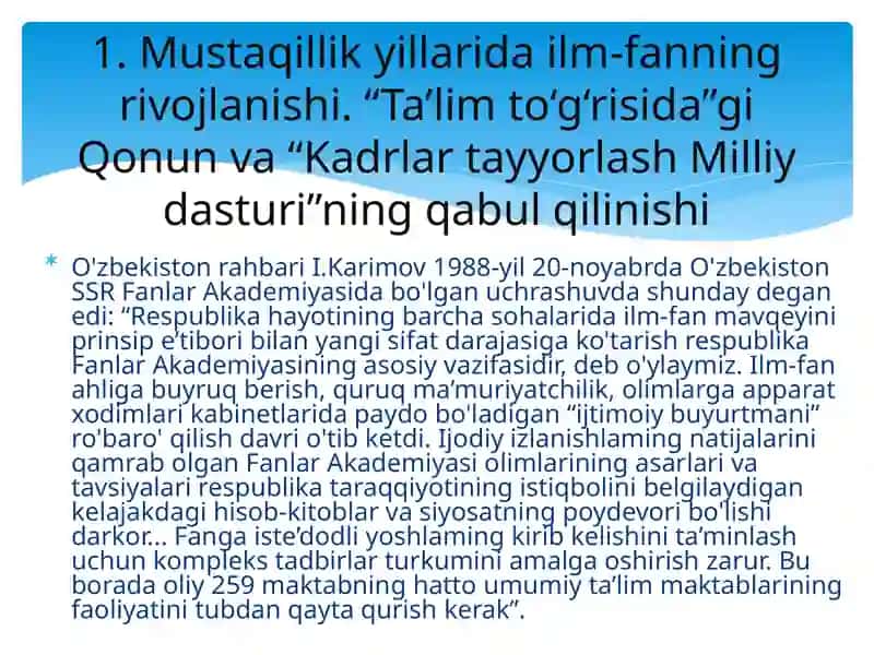 Taqdimot.O'ZBEKISTON RESPUBLIKA SID A TA’LIM SOHASIDA AMALGA OSHIRILGAN ISLOHOTLAR 2
