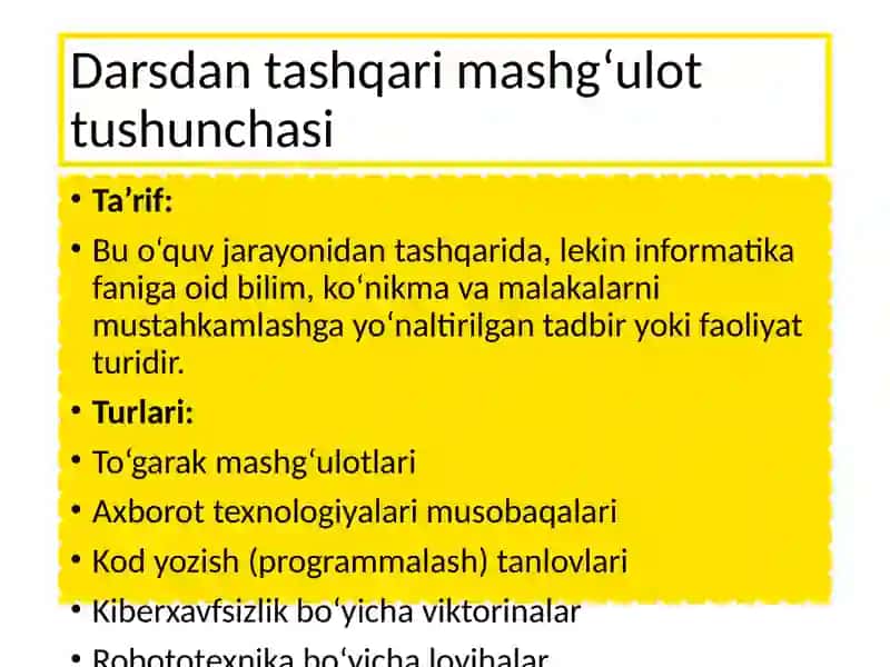 Darsdan tashqari mashgʻulotlarni oʻtkazish stsenariylari bilan tanishish 2