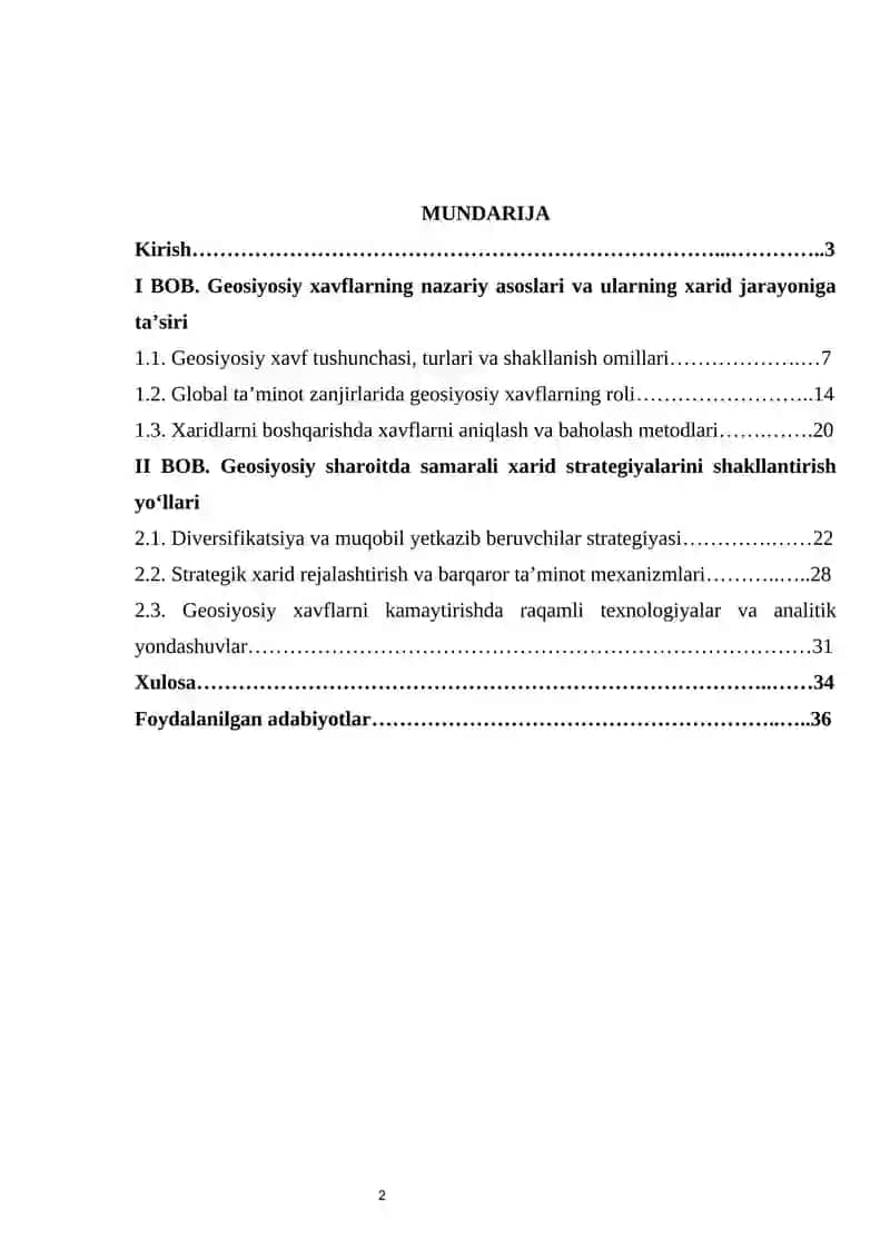 Geosiyosiy xavflar va xarid strategiyalari kurs ishi 2