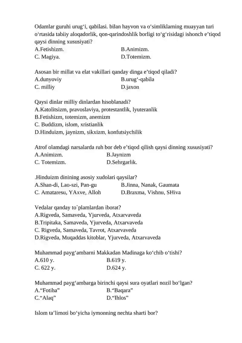 Dinshunoslik fanidan testlar 2