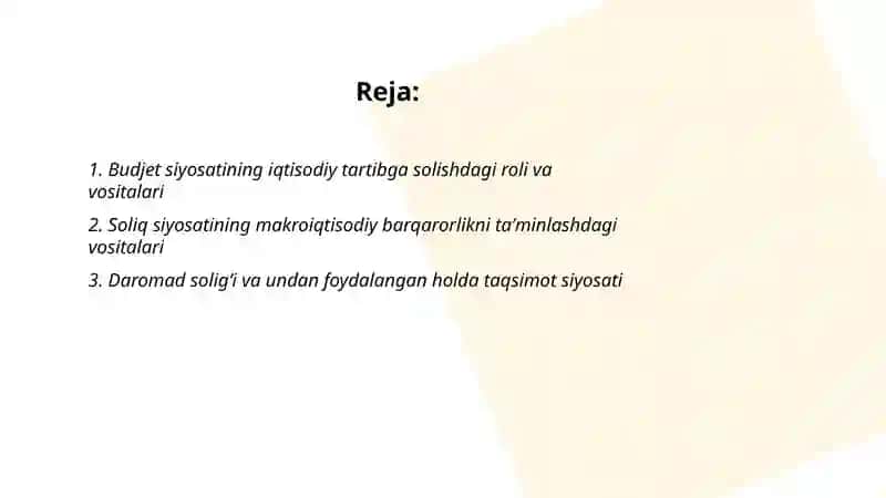 IQTISODIYOTNING DAVLAT TOMONIDAN TARTIBGA SOLISHNING BUYDJET SOLIQ SIYOSATI VOSITALARI 2