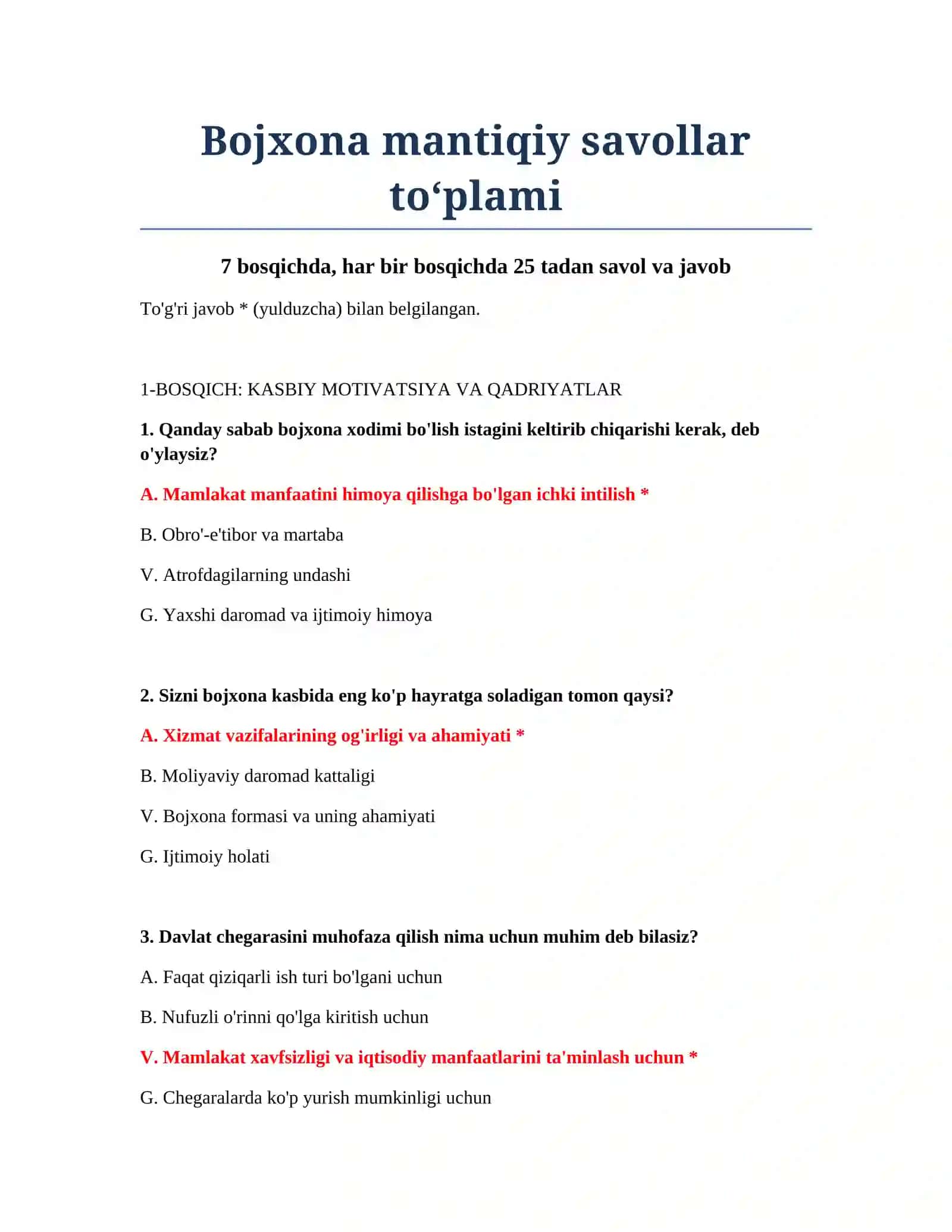 Bojxona mantiqiy savollar to‘plami 2
