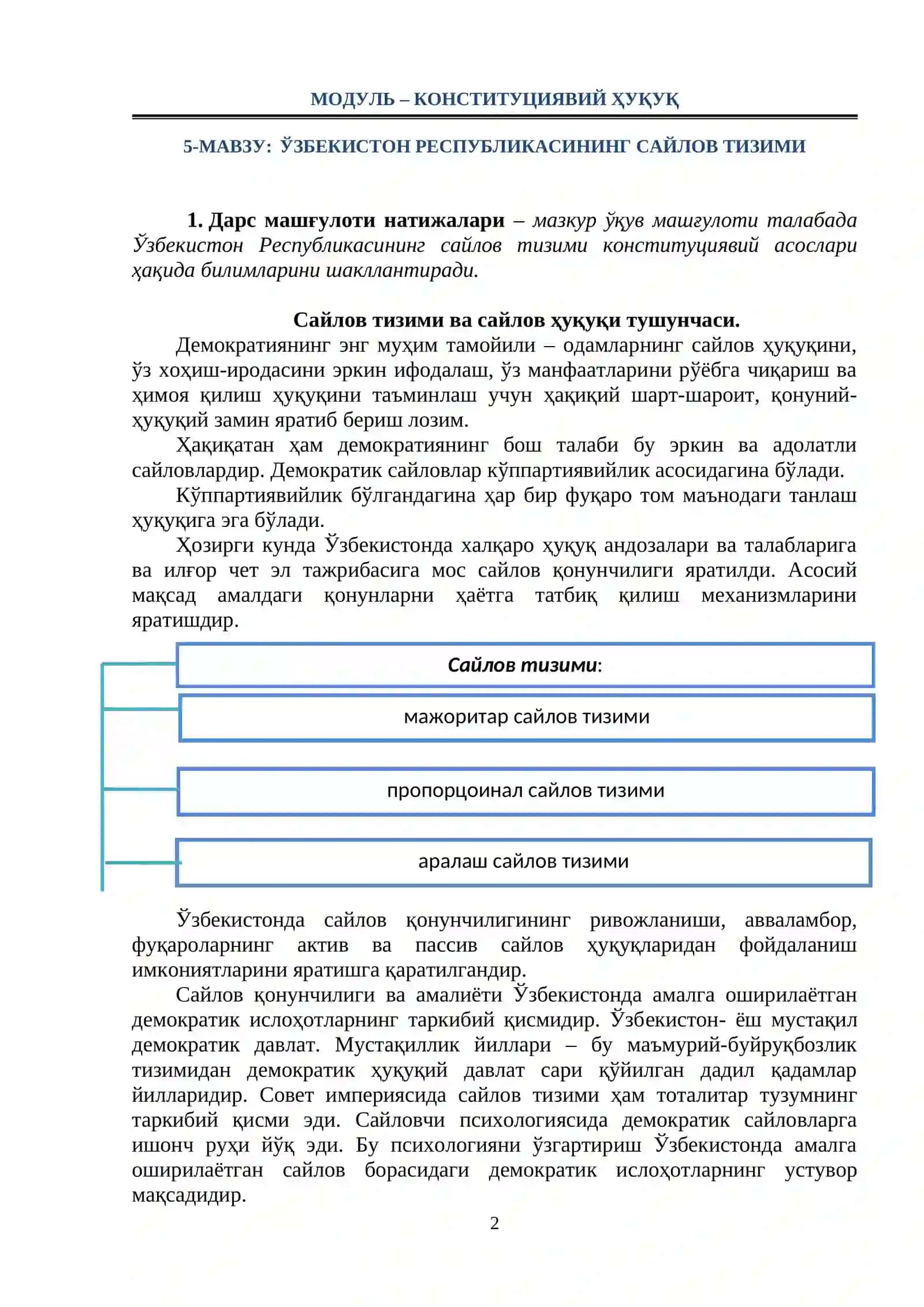 5-мавзу:  ЎЗБЕКИСТОН РЕСПУБЛИКАСИНИНГ САЙЛОВ ТИЗИМИ 2