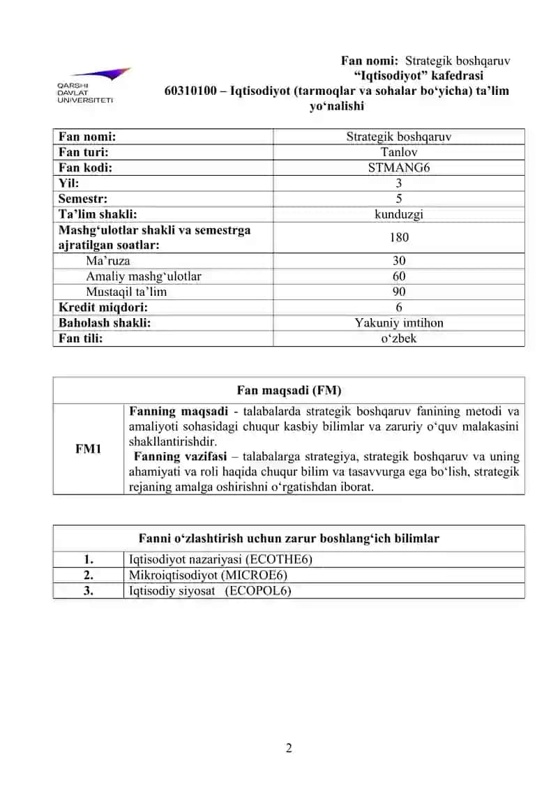 Strategik boshqaruv fanidan sillabus 2