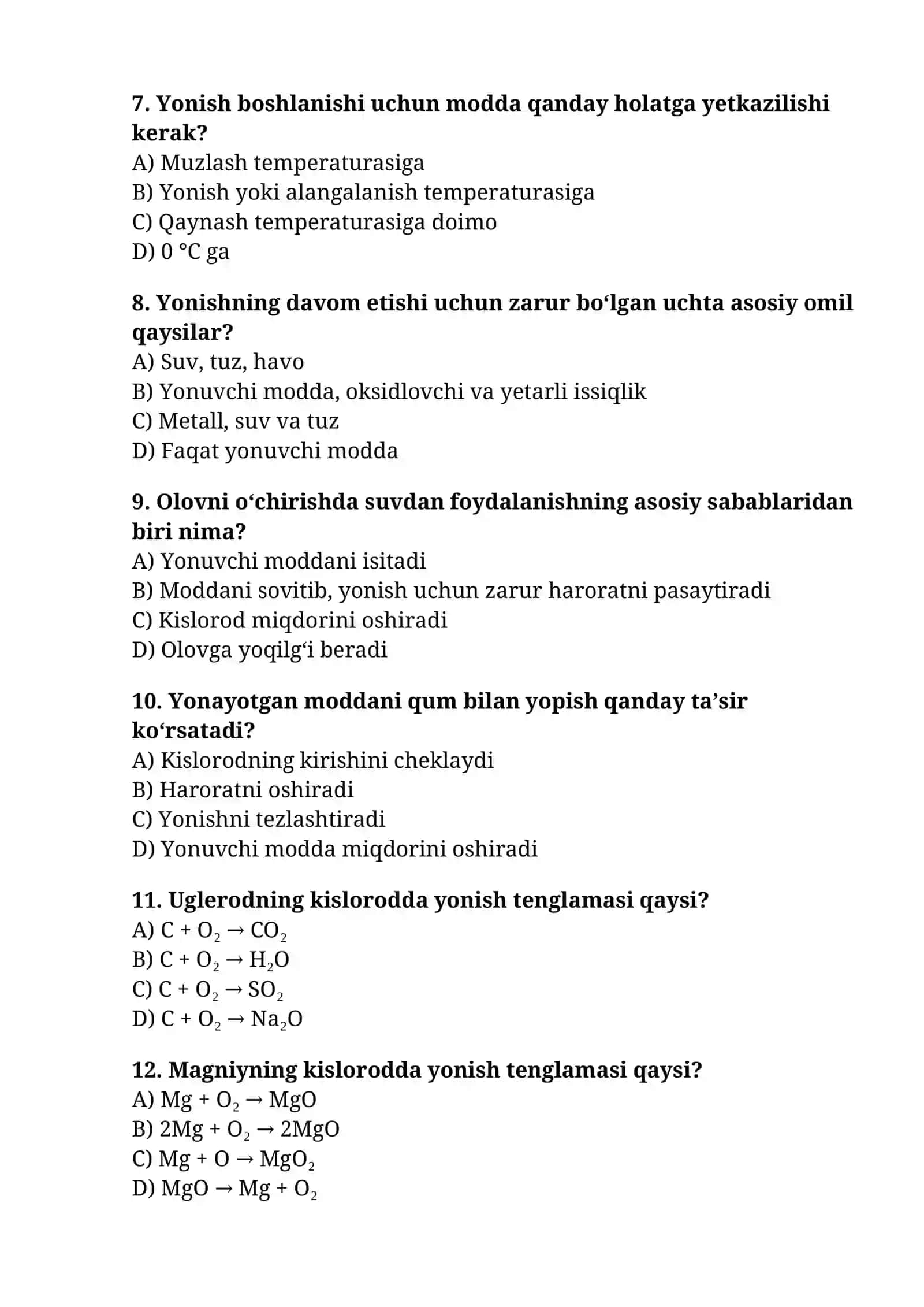 Yonish mavzusiga testlari 2