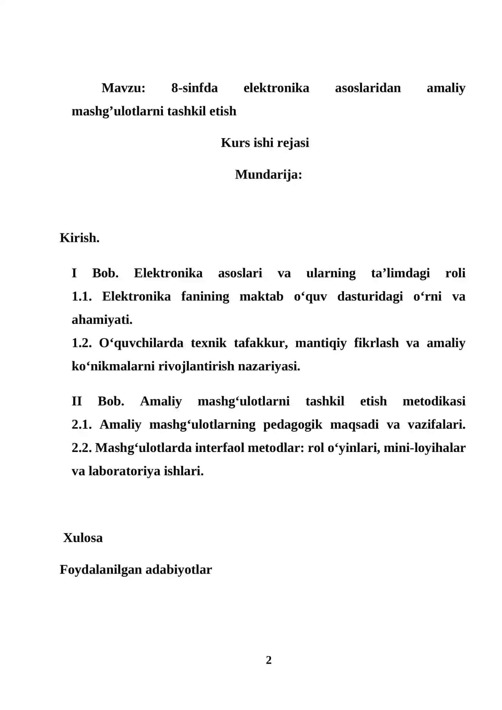 elektronika asoslaridan amaliy mashg’ulotlarni tashkil etish 2