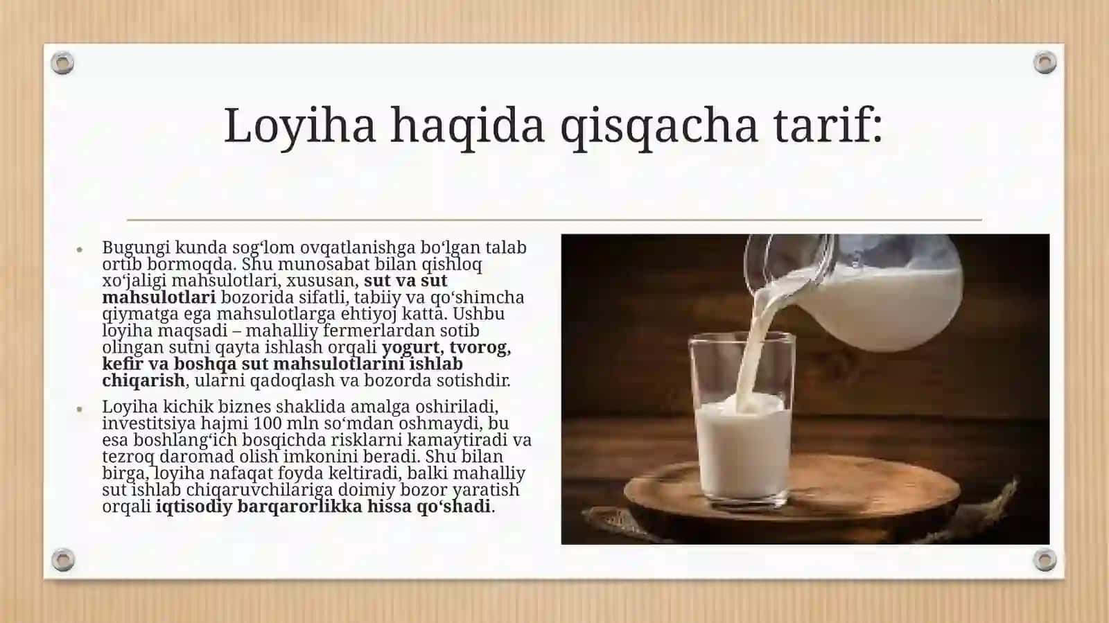 Sut va sut mahsulotlarini ishlab chiqarish loyihasi 2