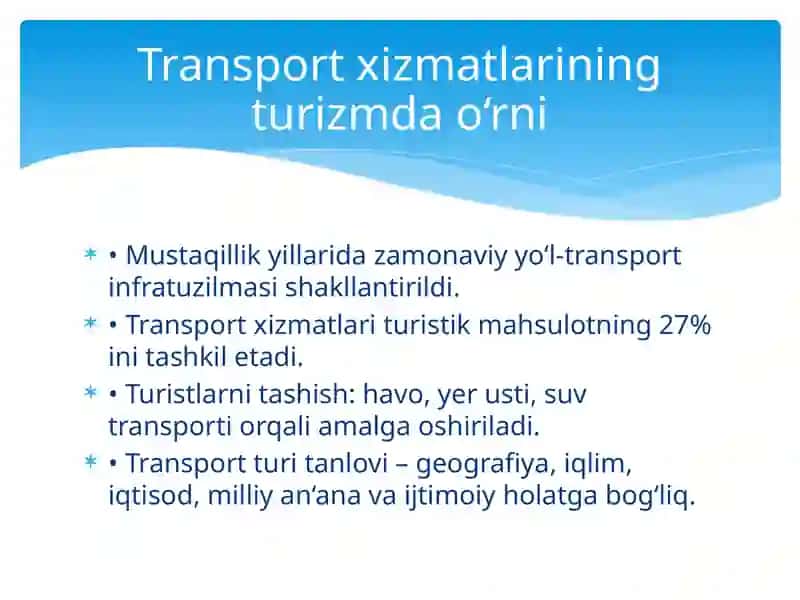 Transport xizmatlari turizm sohasida 2
