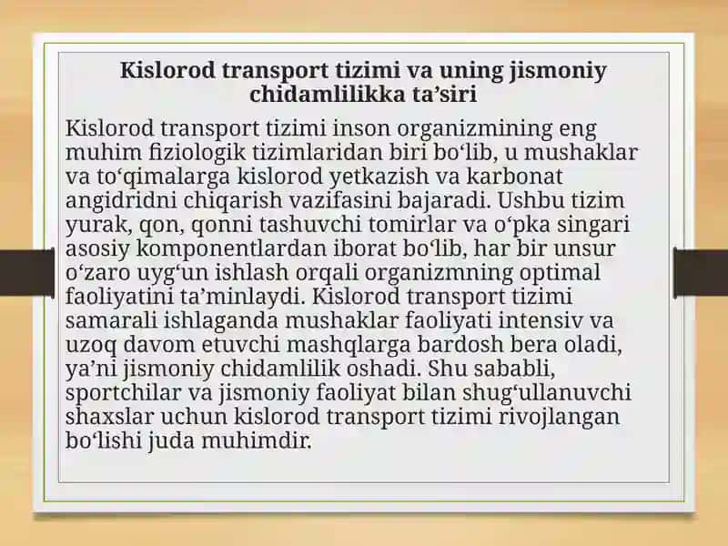Kislorod transport tizimi va chidamlilik 2