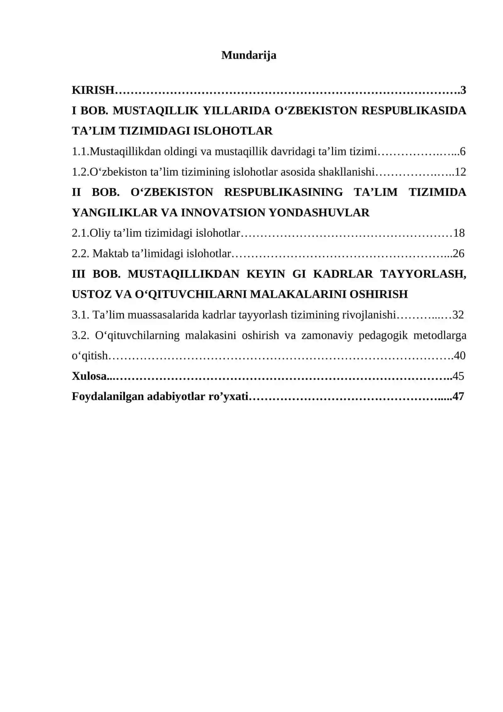 Mustaqillik yillarida Õzbekiston Respublikasida ta'lim sohasidagi islohotlar Kurs ishi 2