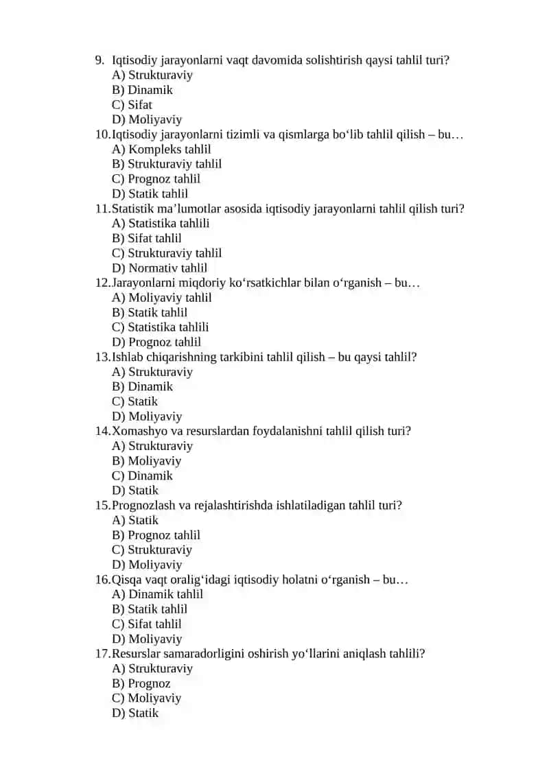 Iqtisodiy jarayonlarning tahlil turlari – 50 ta test savol 2