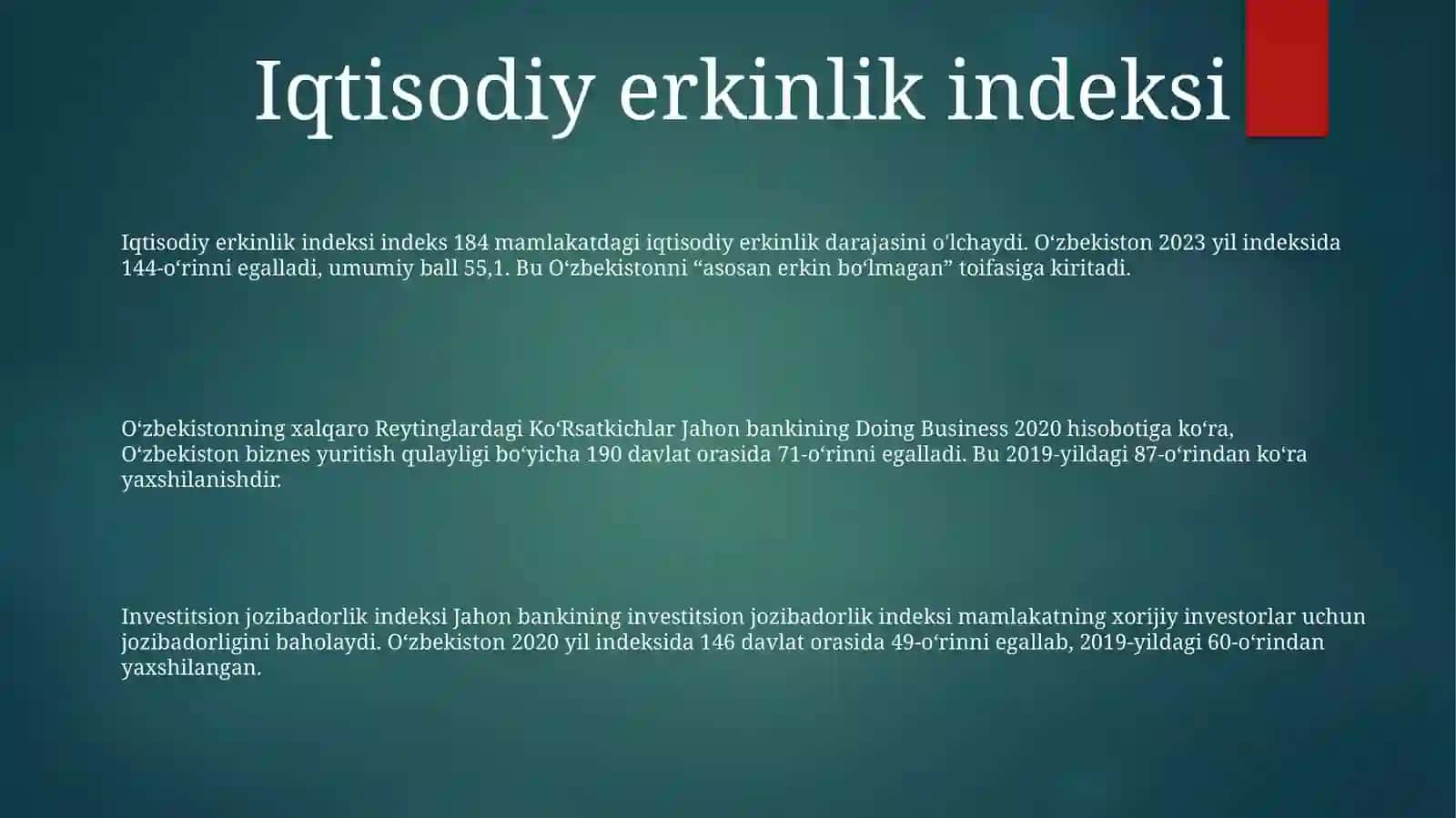OʻZbekistonning Xalqaro Reytinglardagi KoʻRsatkichlar 2