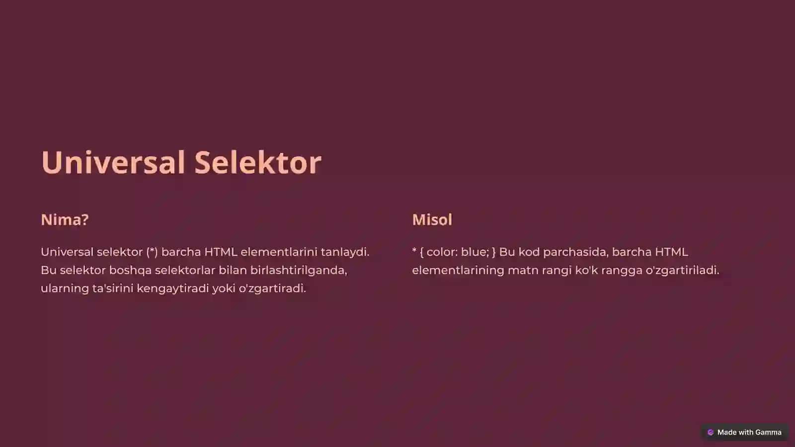 CSS Selektorlari: Universal, Pseudo-klass va Pseudo-element 2