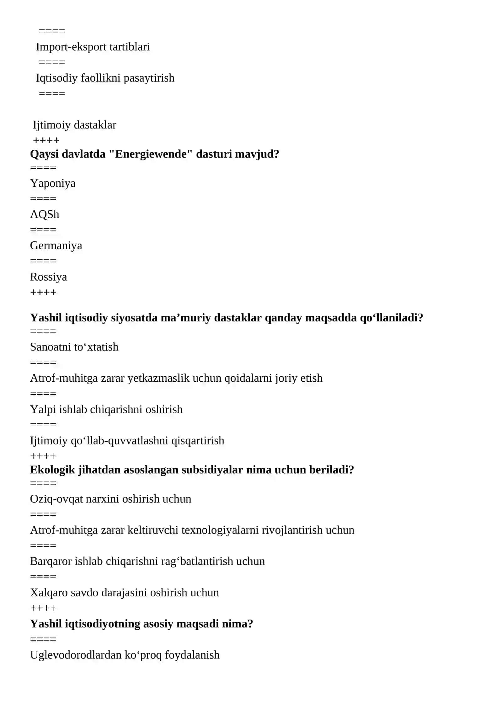 Yashil iqtisodiyot fanidan yakuniy testlar 2