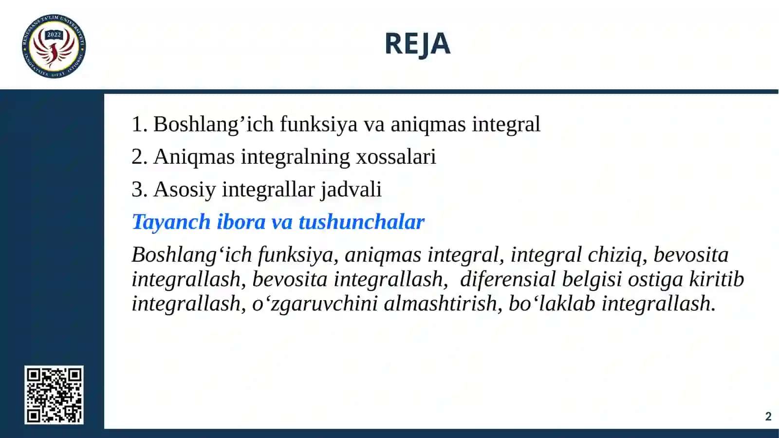 Boshlang’ich funksiya va aniqmas integral 2