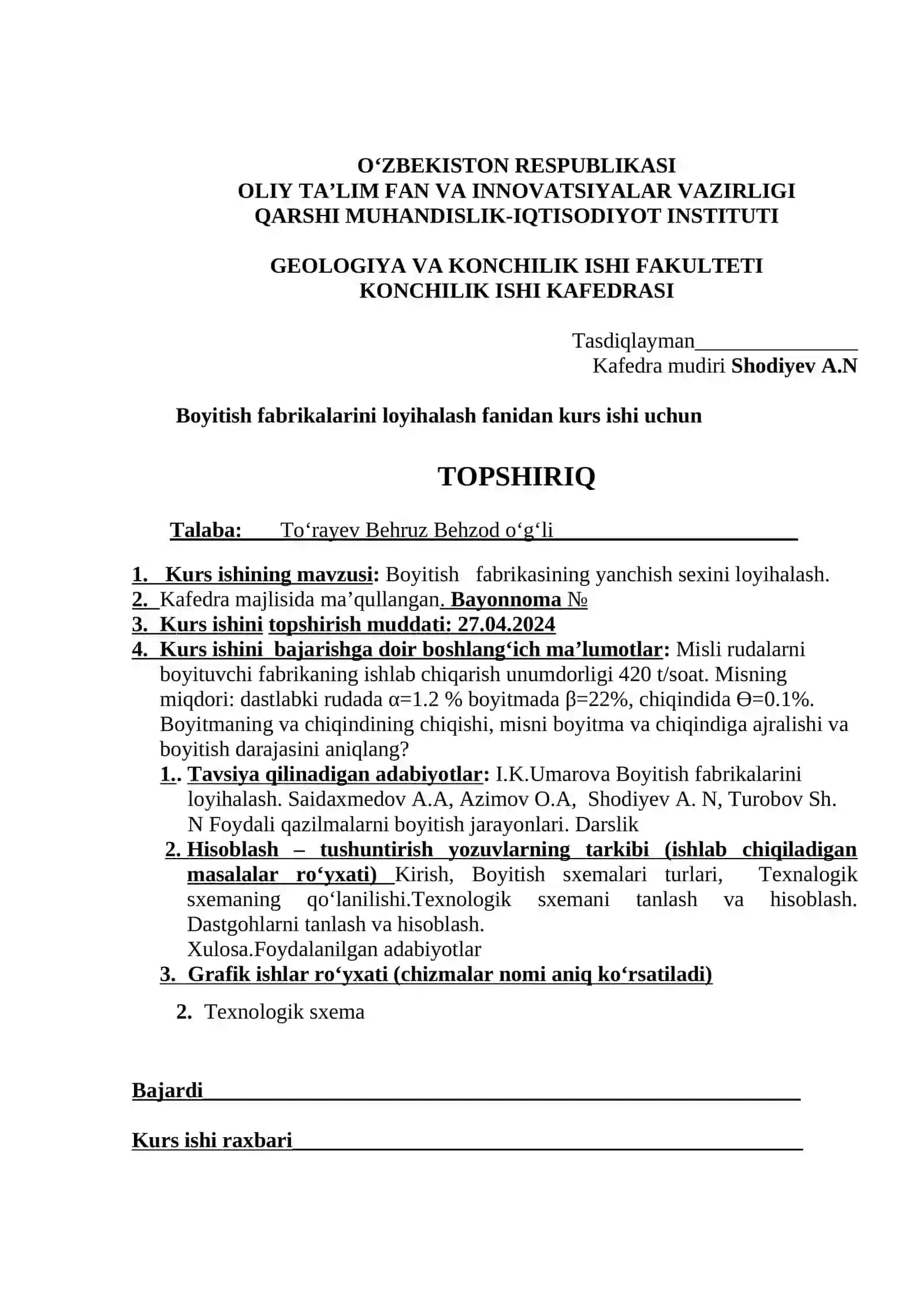 Boyitish fabrikalarini loyihalash kurs ishi 2
