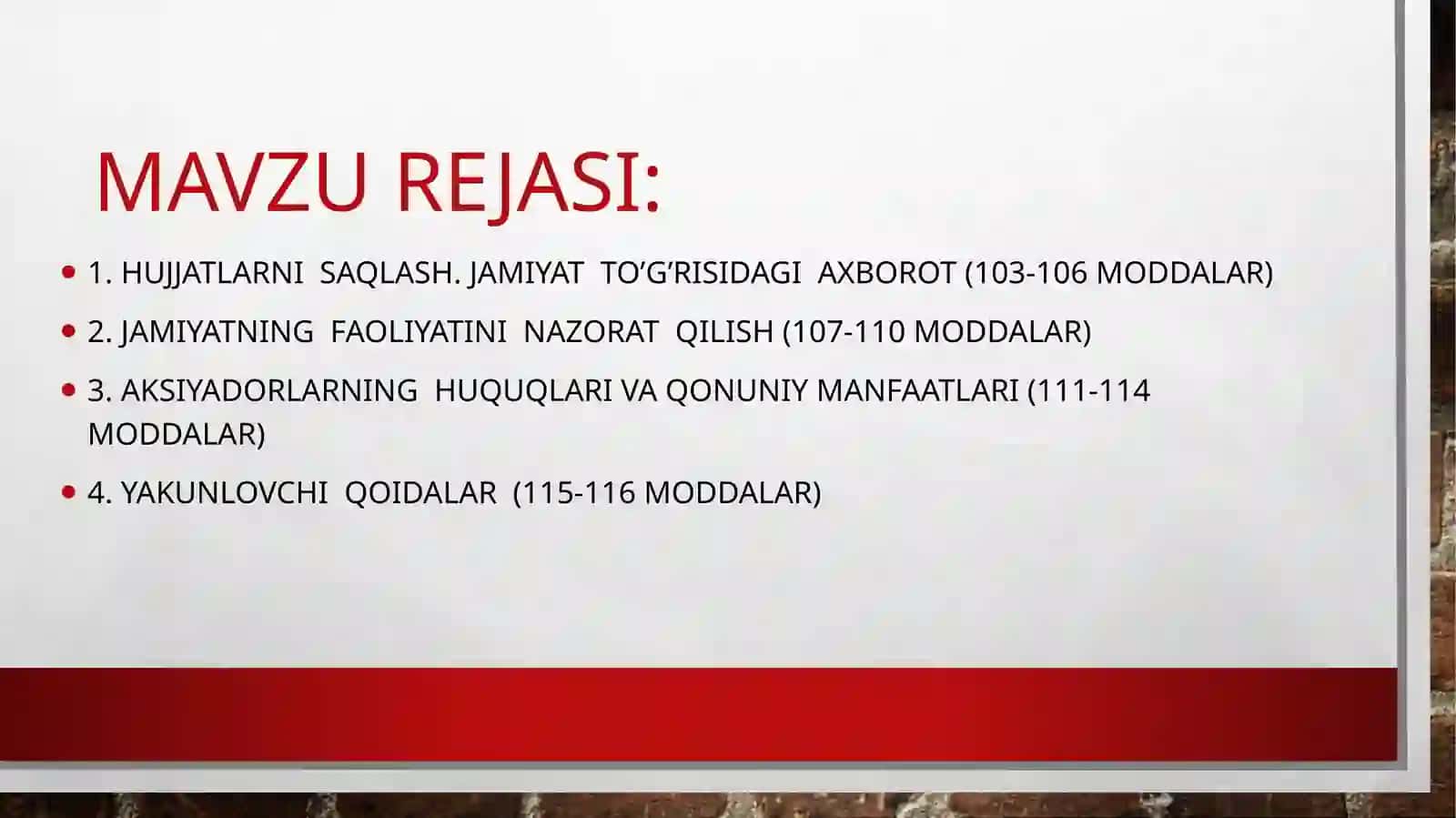 O’zbekiston respublikasi “aksiyadorlik jamiyati to’g’risida’gi qonuni (103-116 moddalar) 2